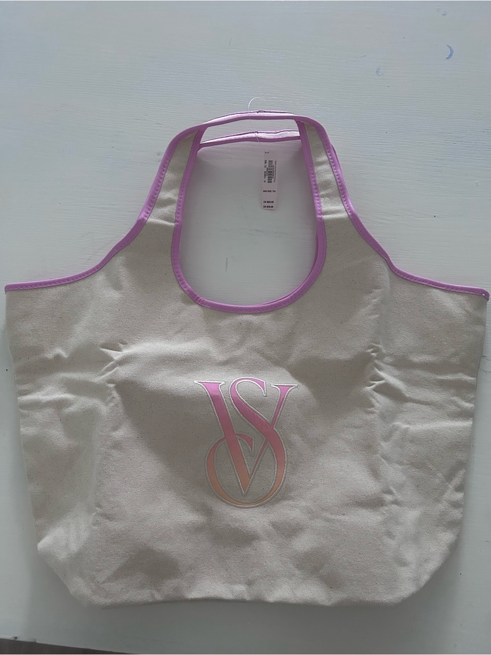 Victoria's Secret Cream Canvas Tote with Pink Trim and Pink Monogram